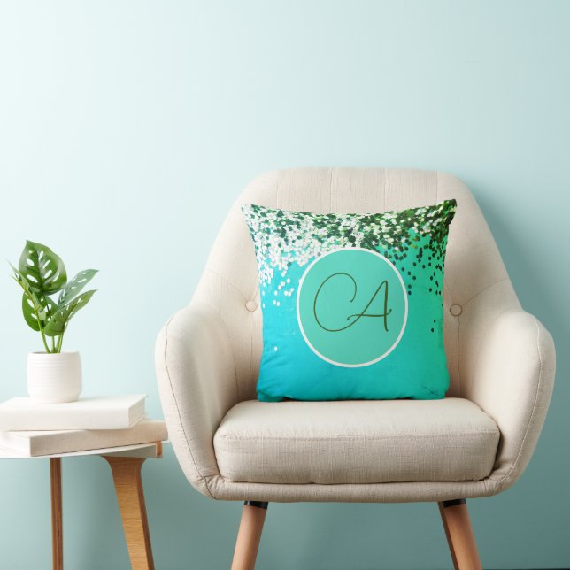 Fun Confetti Monogram Turquoise Throw Pillow (Chair)
