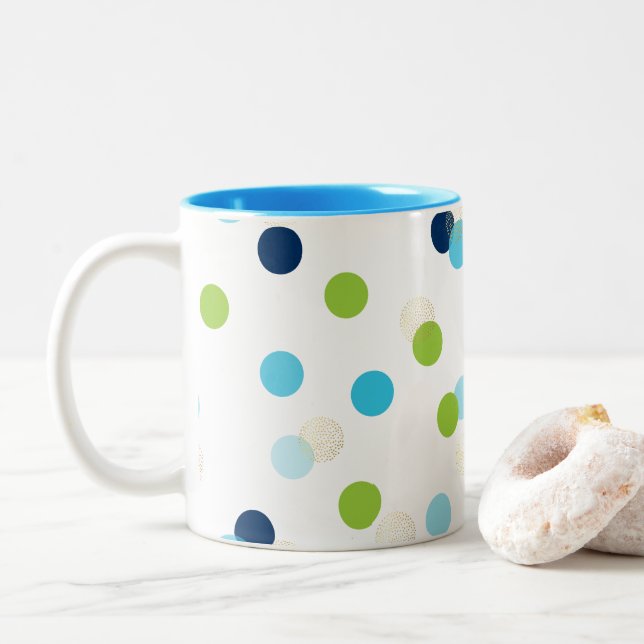 FUN CONFETTI SPOTS cute fun retro aqua navy lime Two-Tone Coffee Mug (With Donut)