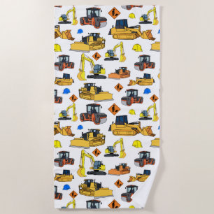 Fun Construction Vehicles Illustrations Pattern Beach Towel