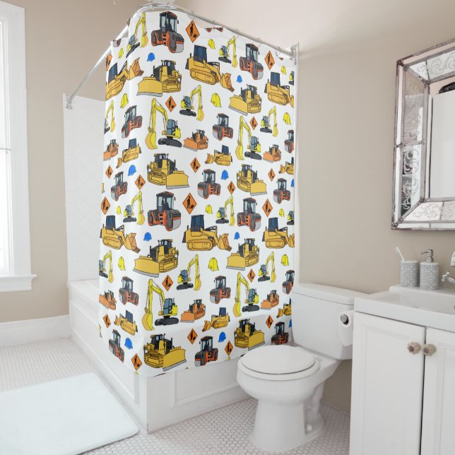 Fun Construction Vehicles Illustrations Pattern Shower Curtain (In Situ)