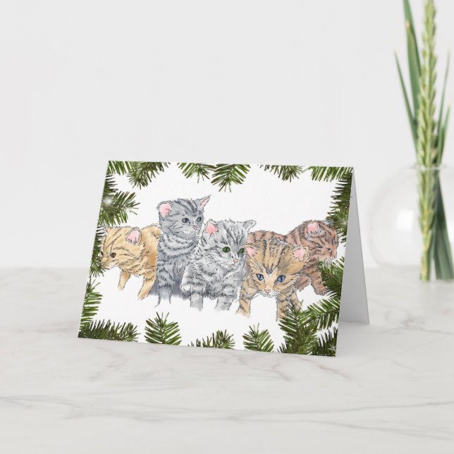 Fun Contemporary Kittens in Pines Christmas Holiday Card (Front)