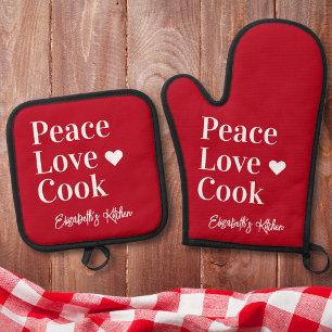 Fun Cooks Monogram Name Red Oven Mitt & Pot Holder Set
