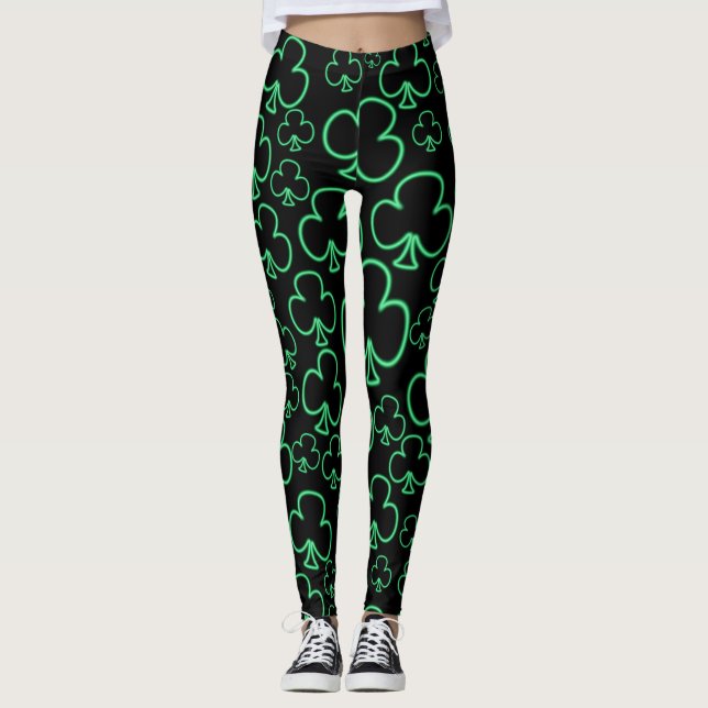 Fun Cool and Unique Pattern of Neon Shamrocks Leggings (Front)