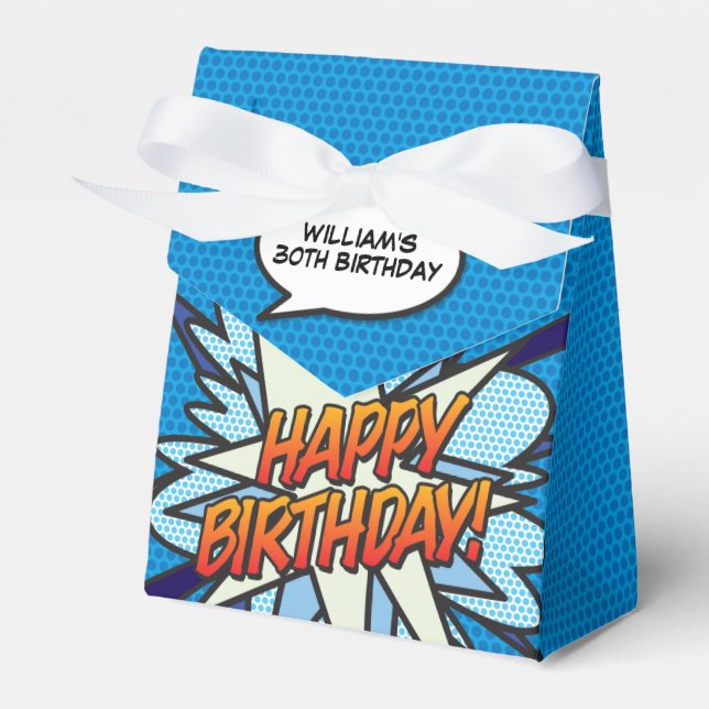 Fun Cool Blue Modern Comic Book Any Age Birthday Favour Box (Front Side)