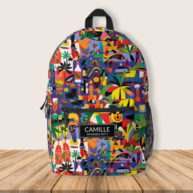 Fun Cool Cartoon Colourful Doodle Personalised Kid Printed Backpack (Cool and fun cartoon tropical pattern all over printed personalized kid backpacks, back to school)