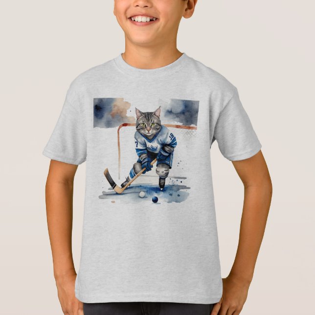 Fun Cool Cat Hockey Player  Animal Humour T-Shirt (Front)