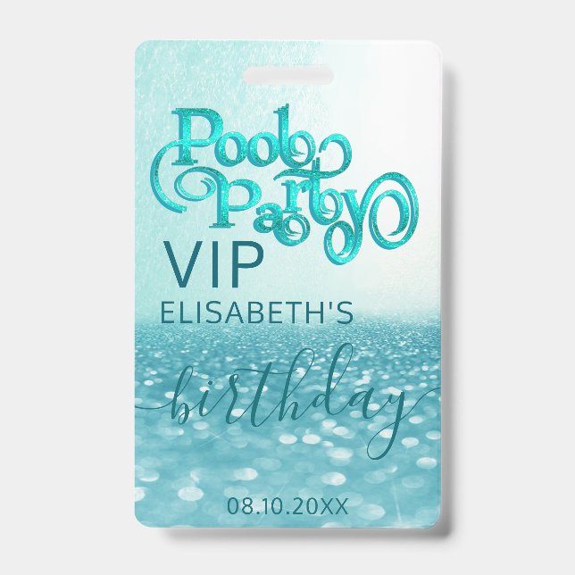 Fun cool glitter script pool party  VIP  Badge ID Badge (Front)