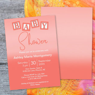 Fun Coral Ombre BABY Blocks Gender Neutral Shower Invitation