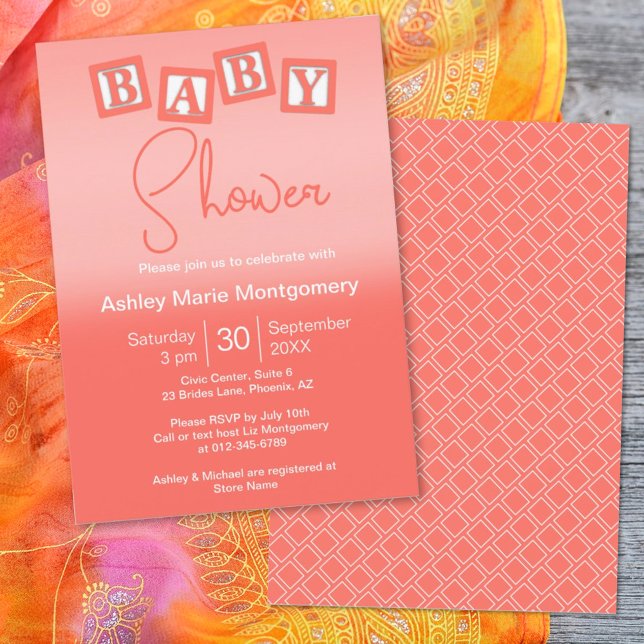 Fun Coral Ombre BABY Blocks Gender Neutral Shower Invitation (Creator Uploaded)