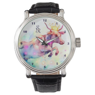 Fun Cow Design Rainbow Watercolor Art Monogrammed Watch
