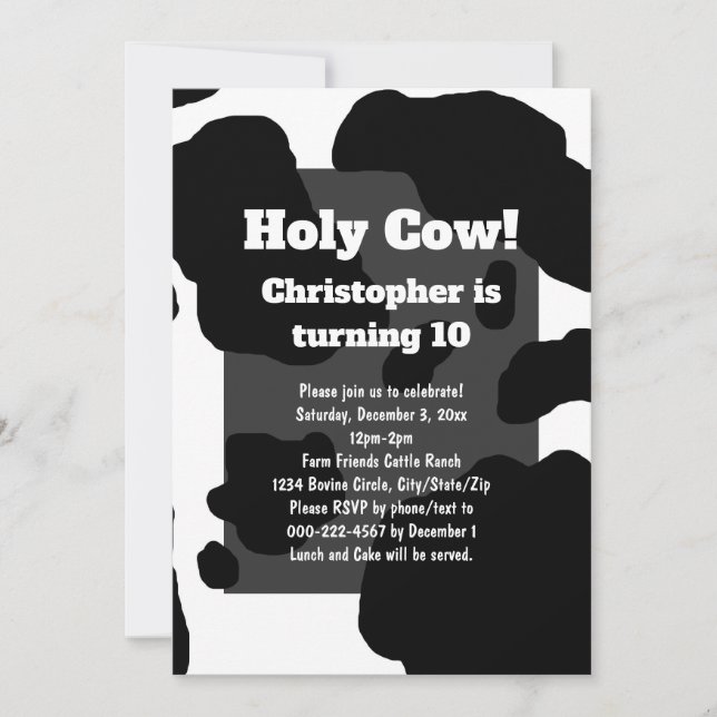 Fun Cow Print Personalised Holy Cow Kids Birthday Invitation (Front)