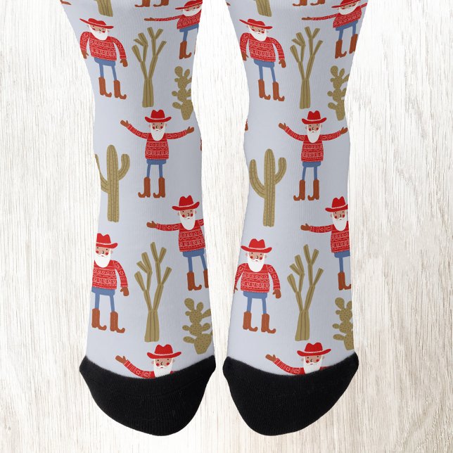Fun Cowboy Santa Claus Western Christmas Blue Socks (Fun Cowboy Santa Claus Christmas Holiday Western socks)