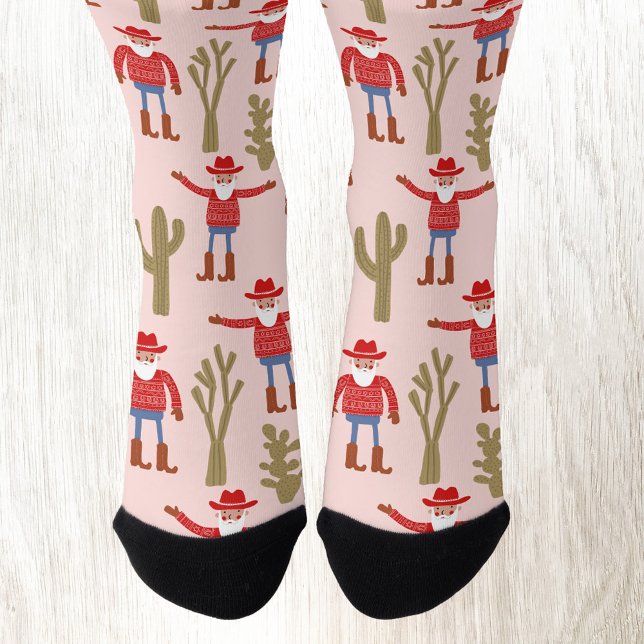 Fun Cowboy Santa Claus Western Christmas Pink Socks (Fun Cowboy Santa Claus Christmas Holiday Western socks)
