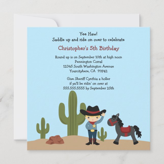 Fun cowboy western boys birthday party invitation (Front)