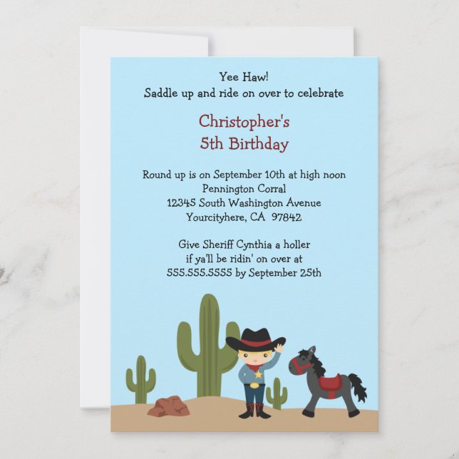 Fun cowboy western boy's birthday party invitation (Front)