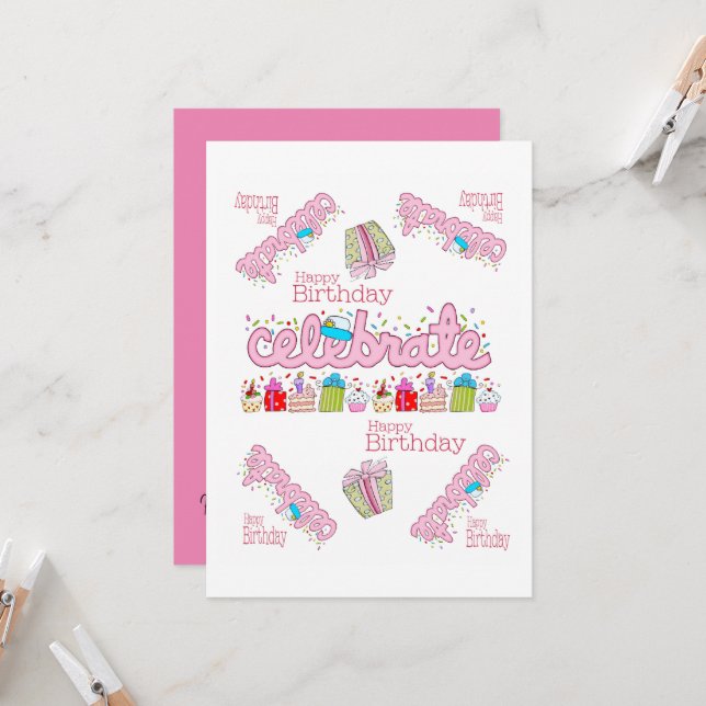 FUN Cupcake Happy Birthday Invitation  (Front/Back In Situ)