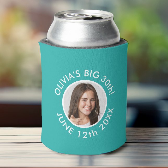 Fun Custom 30th Portrait 2 Photo Birthday Party Can Cooler (Turquoise birthday can cooler with a circular photo frame and custom surrounding text in white.)