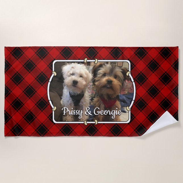 Fun Custom Christmas Red & Black Plaid Photo Frame Beach Towel (Front)
