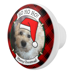 Fun Custom Christmas Red & Black Plaid Photo Frame Ceramic Knob