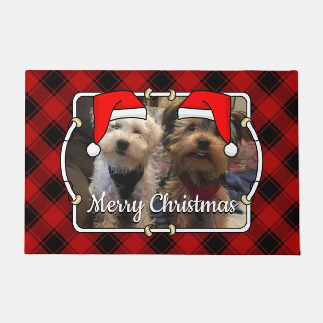 Fun Custom Christmas Red & Black Plaid Photo Frame Doormat (Front)
