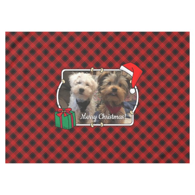Fun Custom Christmas Red & Black Plaid Photo Frame Tablecloth (Front (Horizontal))