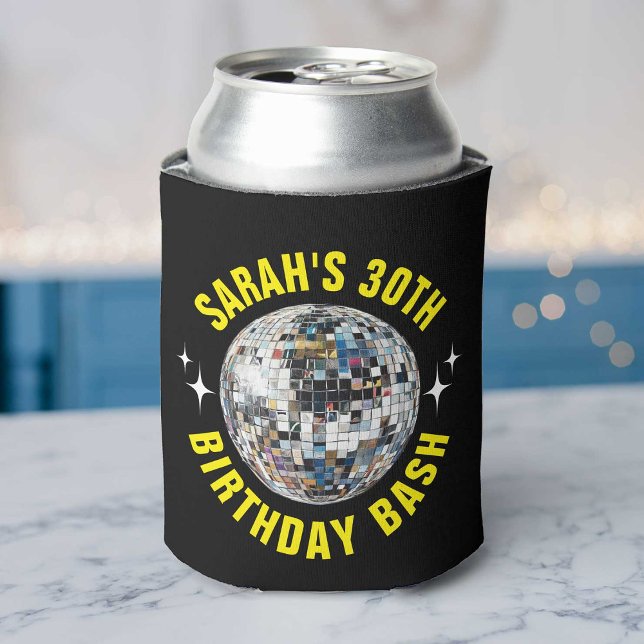 Fun Custom Disco Ball 30th Birthday Favour Can Cooler (Vibrant can cooler showcasing a disco ball, designed for a lively 30th birthday party atmosphere.)