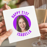 Fun Custom Face Photo Happy 21st Birthday Napkin<br><div class="desc">Celebrate turning 21 with personalised cocktail napkins that showcase the guest of honour’s photo inside a bold circle and their name in crisp modern type below. This playful design adds a pop of colour and personality to bar carts, dessert stations, and drink tables, and stands out beautifully in party pics...</div>
