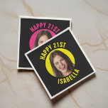 Fun Custom Face Photo Happy 21st Birthday Napkin<br><div class="desc">Give your 21st birthday bash an elevated, nightlife feel with custom black cocktail napkins showcasing the birthday VIP’s face inside a vibrant circle graphic and their name printed underneath. The dark background and bold accent color create a stylish, photo‑ready look that stands out on drink stations, grazing boards, and dessert...</div>