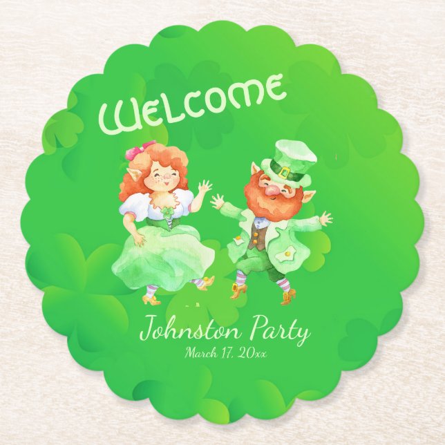 Fun Custom Green Irish Elves Dance St. Patrick Jig Paper Coaster (Front)