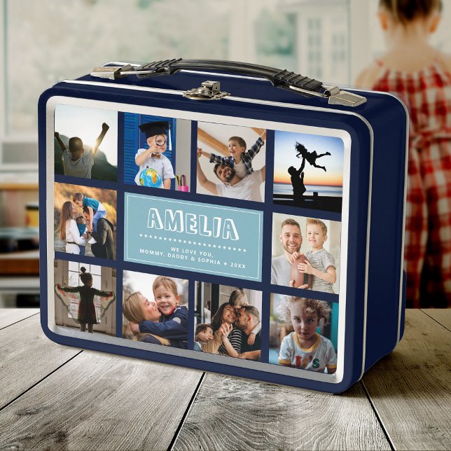 Fun Custom Kids Name Family Photo Collage Blue Metal Lunch Box (Creator Uploaded)