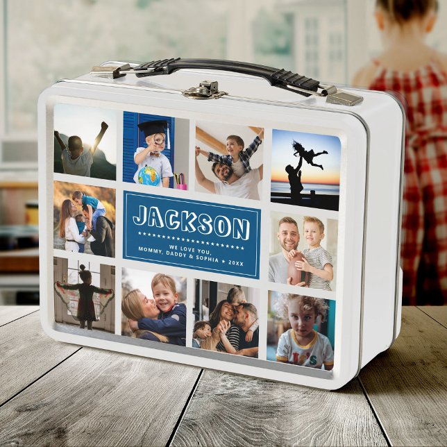Fun Custom Kids Name Family Photo Collage Blue Metal Lunch Box (Creator Uploaded)