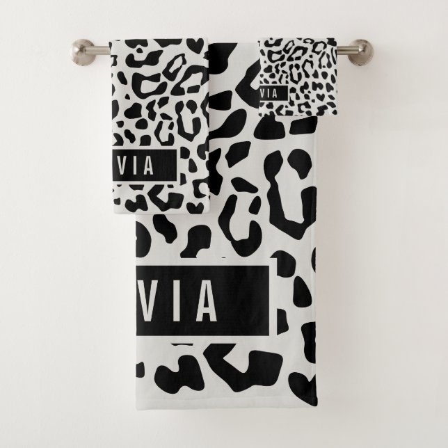 Fun Custom Name Snow Leopard Animal Print Pattern Bath Towel Set (Insitu)