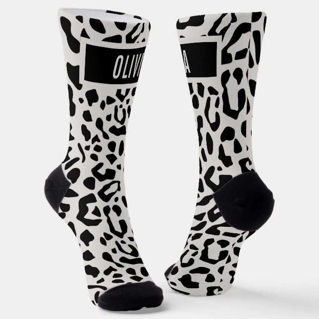 Fun Custom Name Snow Leopard Animal Print Pattern Socks (Angled)