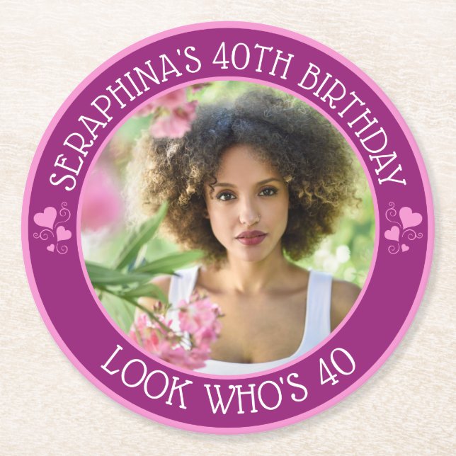 Fun Custom Photo 40th Birthday Party Favour Round Paper Coaster (Front)