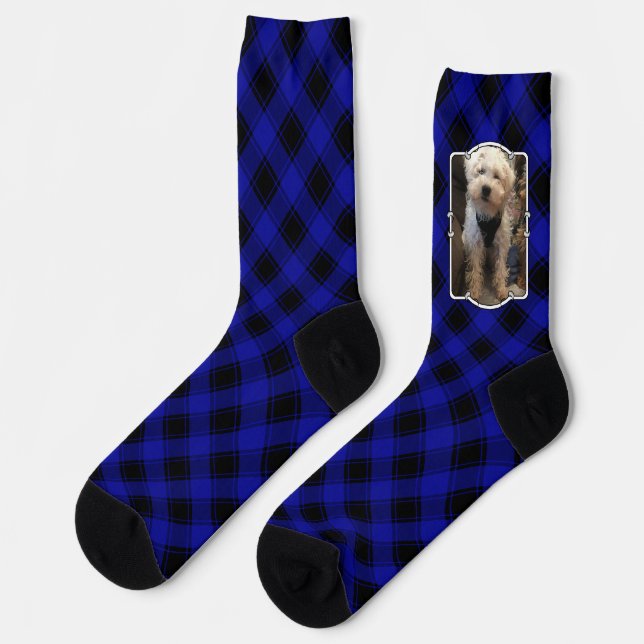 Fun Custom Photo Frame Classic Blue & Black Plaid Socks (Left)