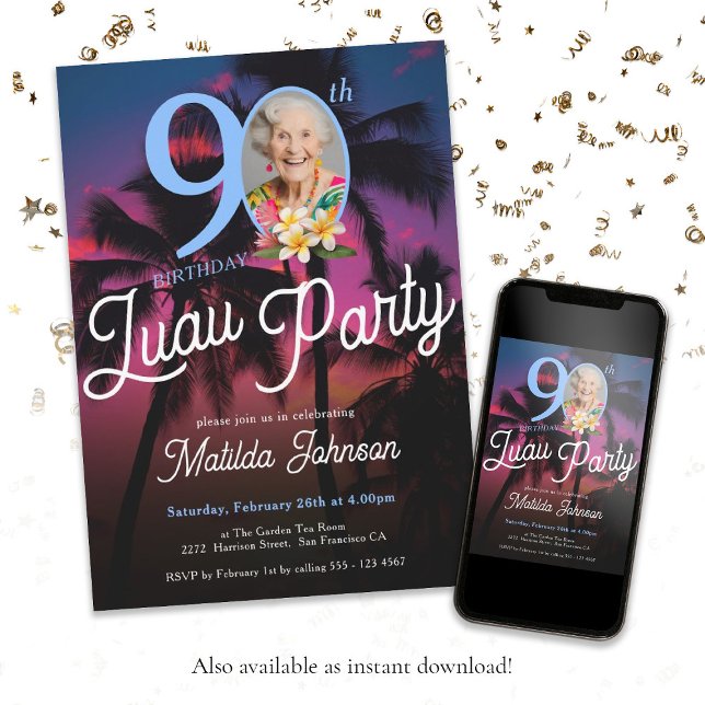 Fun Custom Photo Luau 90th Birthday Party Invitation (90th Birthday Luau Party Classy Fun Custom Photo Invitation)