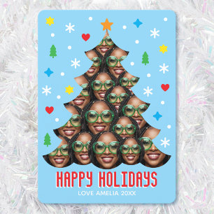 Fun Custom Photo Modern Christmas Tree Retro Blue Holiday Card