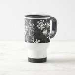 Fun Cute Baby Its Cold Outside Chalkboard Travel Mug<br><div class="desc">Beautiful contemporary "Baby Its Cold Outside" quote text written in typography on a black grey chalk board, with a background of white snowflakes design. Ornate, elegant, stylish and eclectic design for the fancy artistic interior designer, the artsy décor diva, popular hip trendsetter, vintage retro art style and abstract digital geometric...</div>