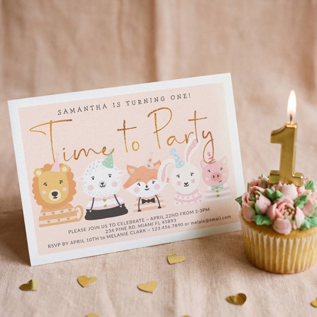 Fun Cute Baby Party Animals Birthday Invitation (Cute Party Animals Baby First 1st Birthday Party Invitation)