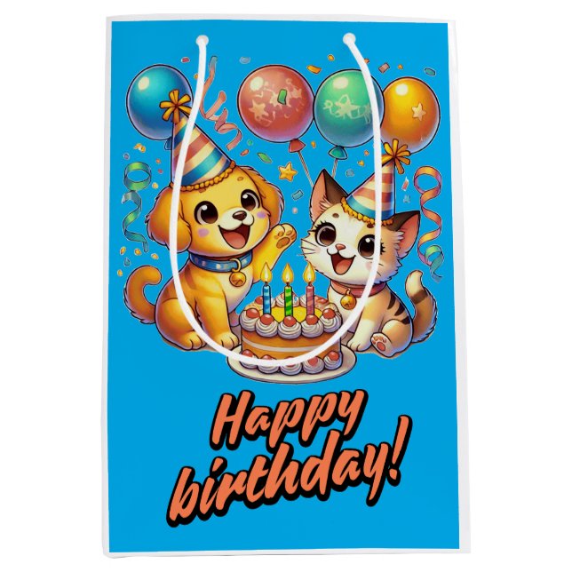 Fun & Cute Birthday Puppy & Kitten Party Medium Gift Bag (Front)