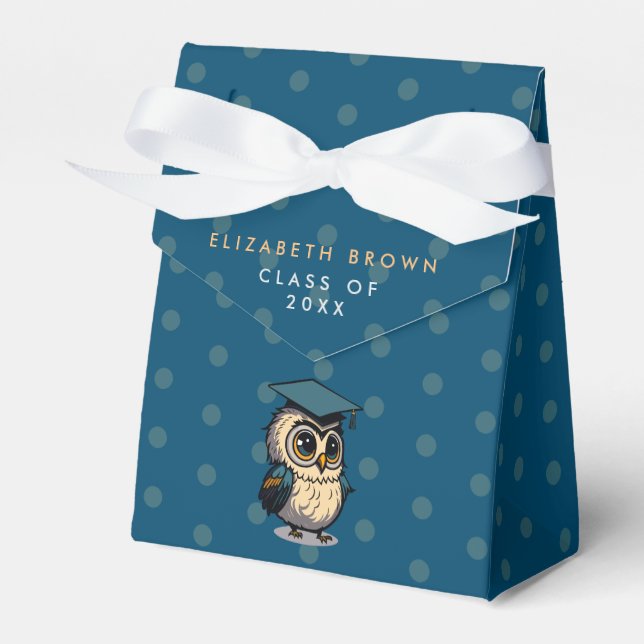 Fun Cute Blue Grad Owl Back To School Dots Cartoon Favour Box (Front Side)