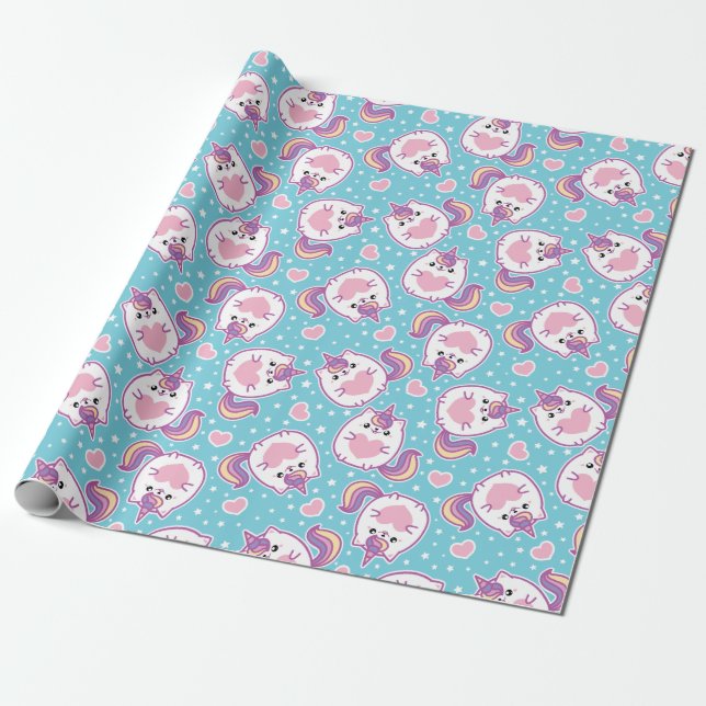Fun Cute Chubby Kitschy Unicorn Kitty Wrapping Paper (Unrolled)