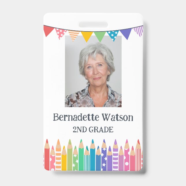 Fun Cute Coloured Pencils School Teacher ID Badge (Front)