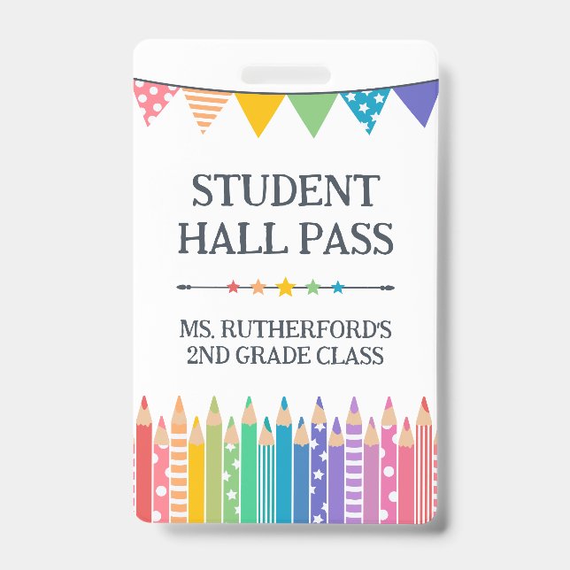 Fun Cute Coloured Pencils Student Hall Pass ID Badge (Front)