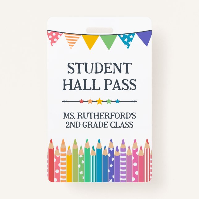 Fun Cute Coloured Pencils Student Hall Pass ID Badge (Front)