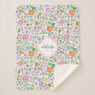 Fun Cute Colourful Floral Monogram Baby Girl Sherpa Blanket