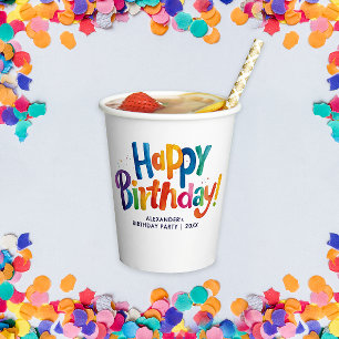 Fun Cute Colourful Happy Birthday Brush Paint Typo Paper Cups