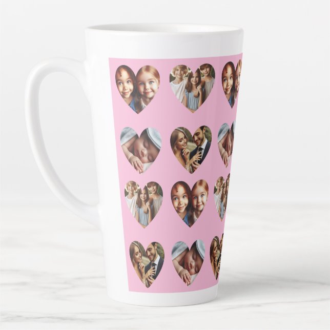 Fun Cute Custom 4-Photo Heart Pattern, Pastel Pink Latte Mug (Left)
