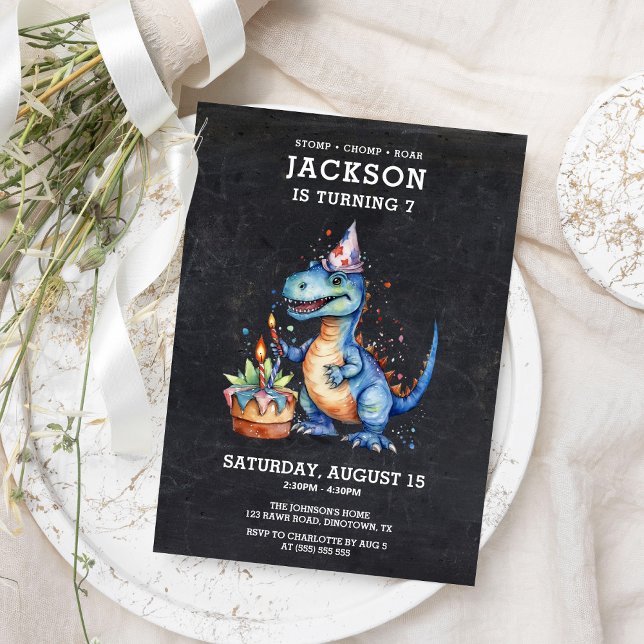 Fun Cute Dinosaur Chalkboard Kids Birthday Invitation (Creator Uploaded)