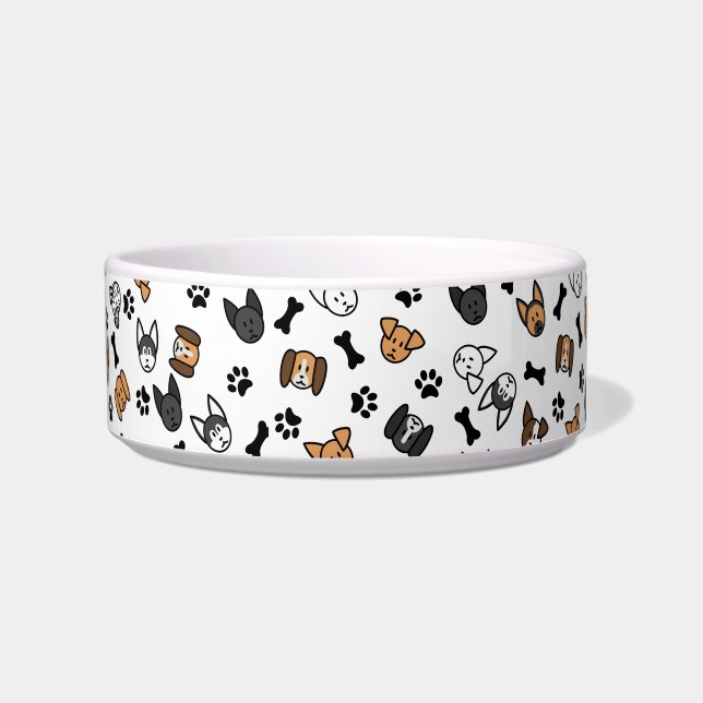 Fun Cute Dog Breeds with Bones and Paw Prints Bowl (Front)